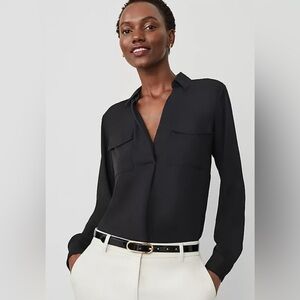 Ann Taylor Sheer Utility Camp Blouse. Black. LP. EUC.